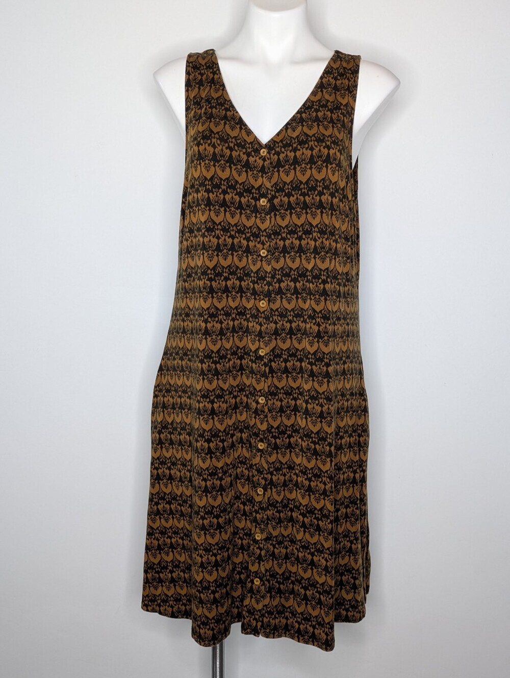 Garnet Hill Brown Geometric V Neck Button Up Midi Dress XL